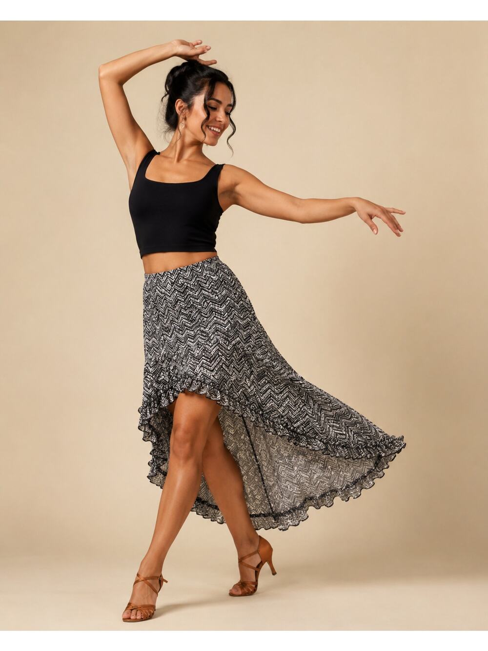 Black White Chevron High Low Ruffle Hem Festival Salsa Skirt XL Flowy Dramatic